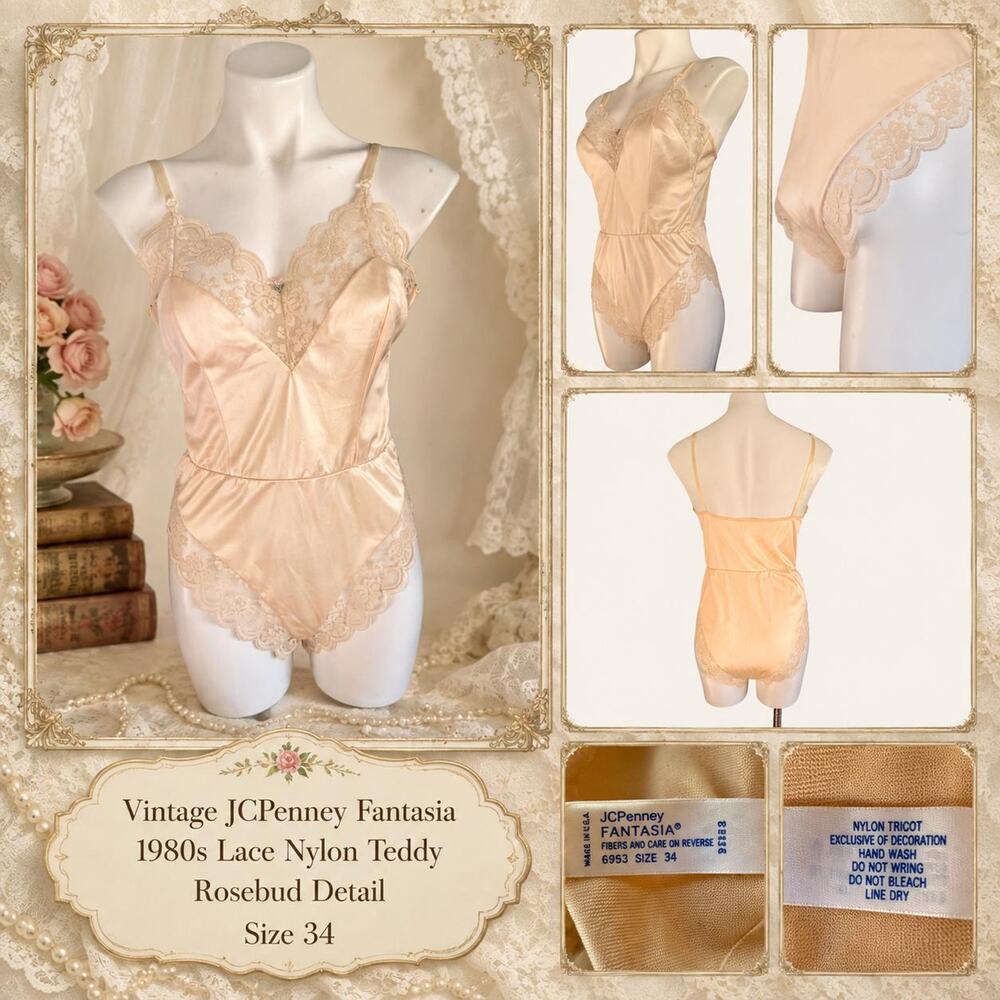 Vintage JCPenney Fantasia 80s Lace Nylon Teddy Rosebud Detail 34 - Picture 3 of 10